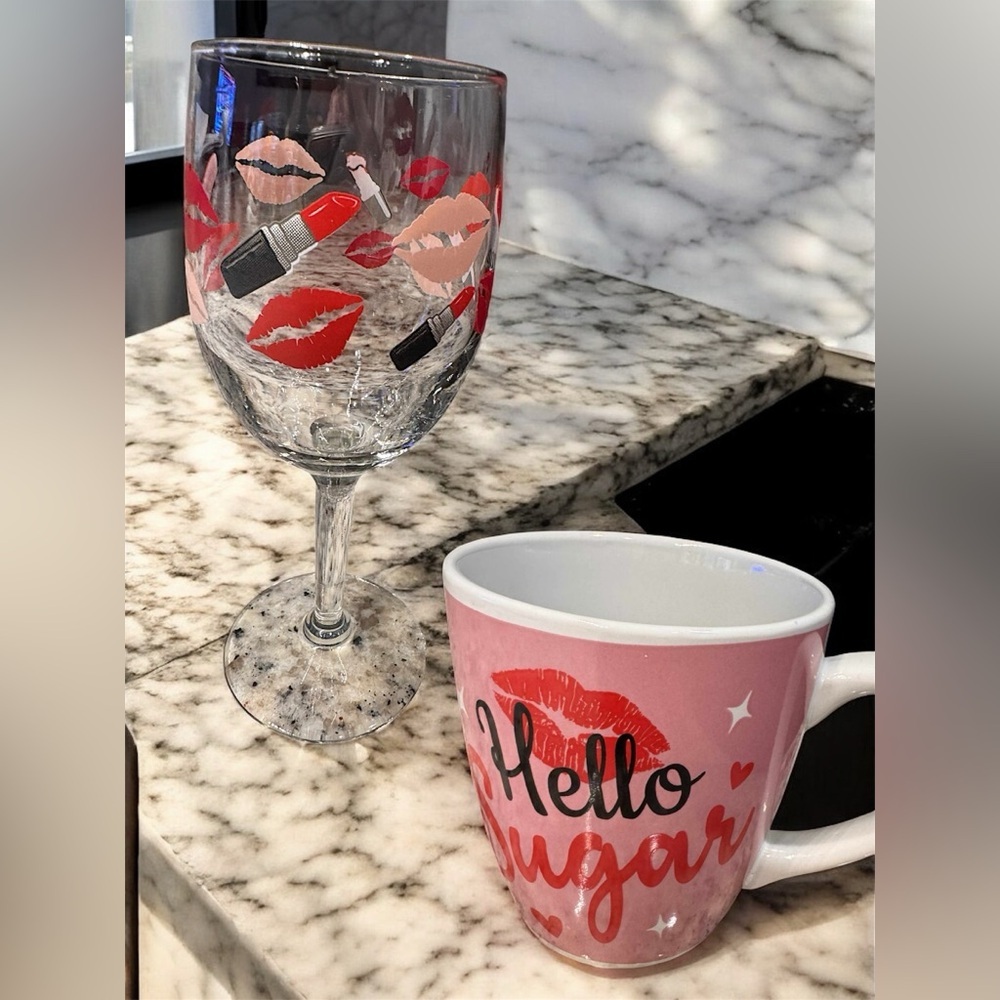 Lipstick Kiss Wine Glass 7x3in & Hello Sugar Mug 5x5in Set